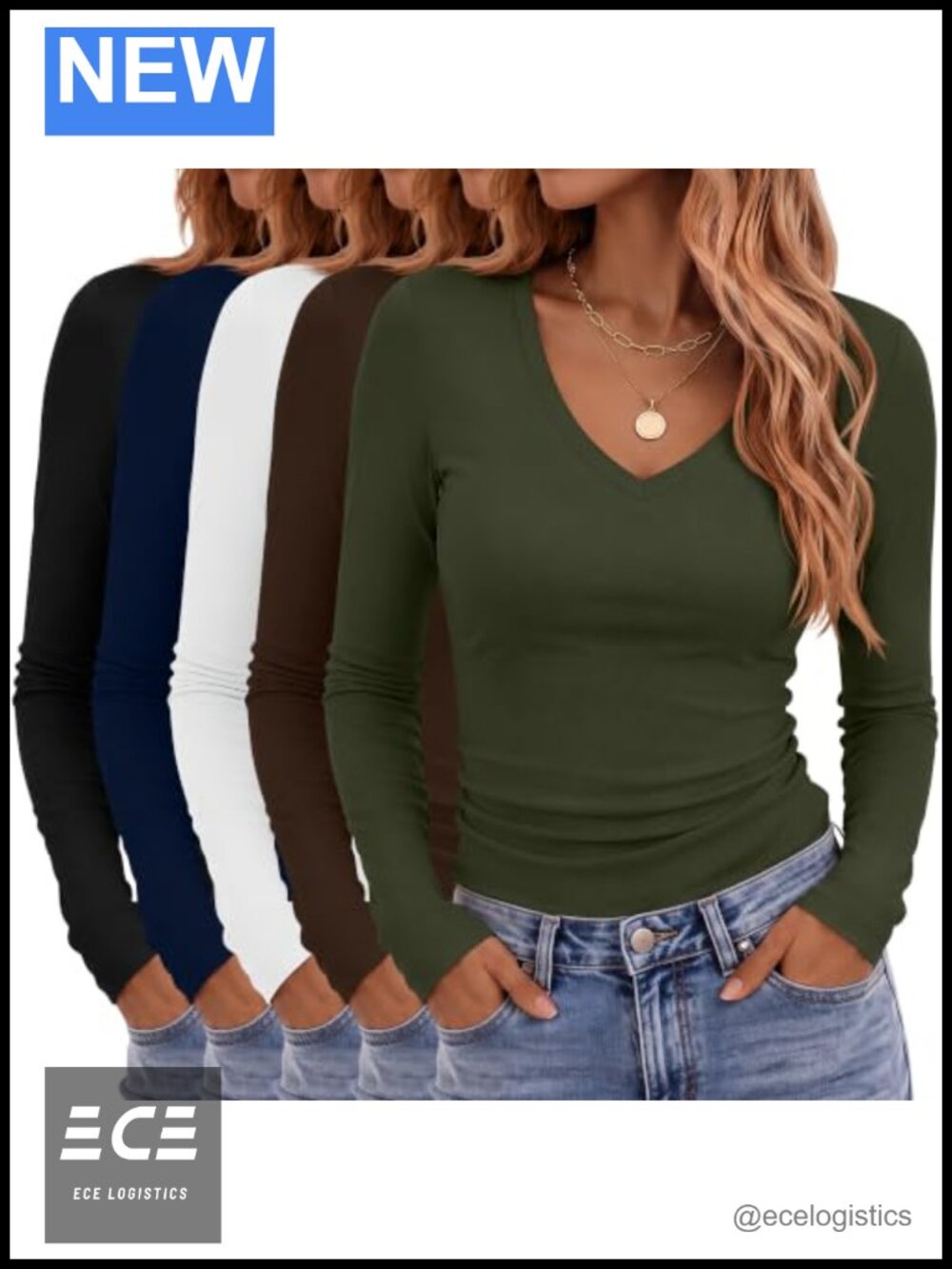 5 Pack Womens V Neck Slim Fit Cotton Blend Long Sleeve Tops Tees